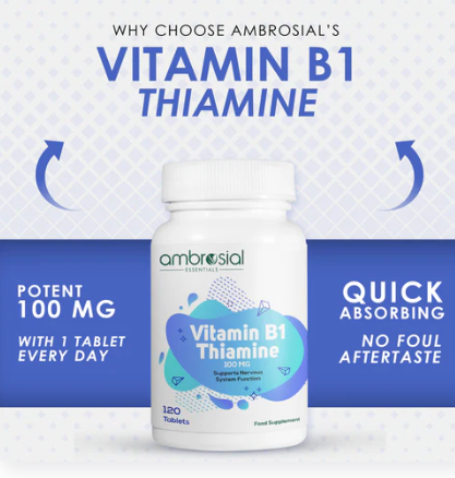 Ambrosial Vitamin B1 Thiamine 100mg – فيتامين B1 ثيامين 100 مجم للطاقة والأعصاب والقلب
