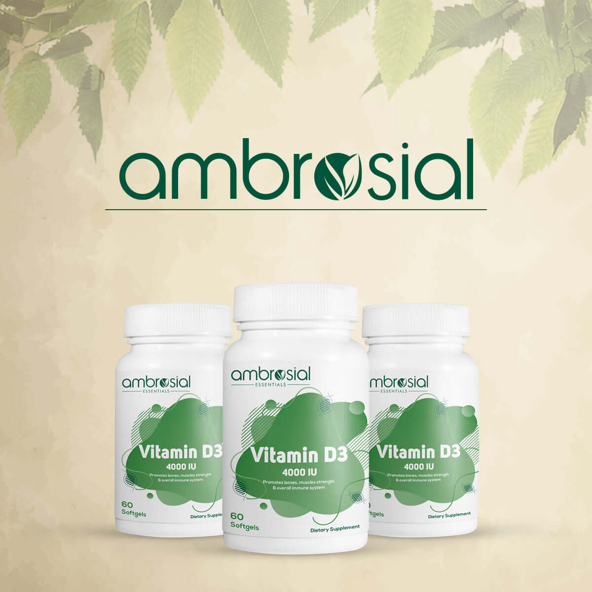 فيتامين D3 4000 وحدة دولية (100 ميكروغرام) 120 كبسولة هلامية | عظام وأسنان صحية | يدعم المناعة ووظائف العضلات | خالي من الغلوتين | من أمبروسيال