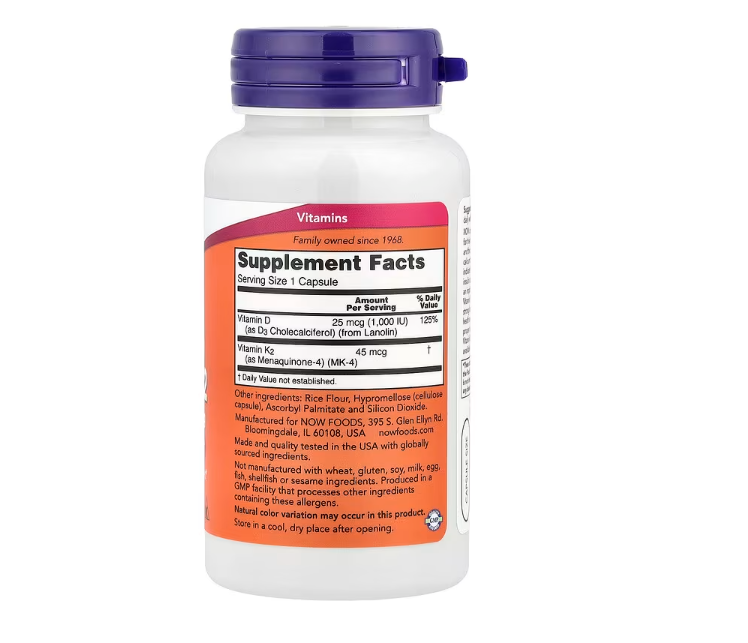 NOW Foods, Vitamin D-3 & K-2, 120 كبسولة