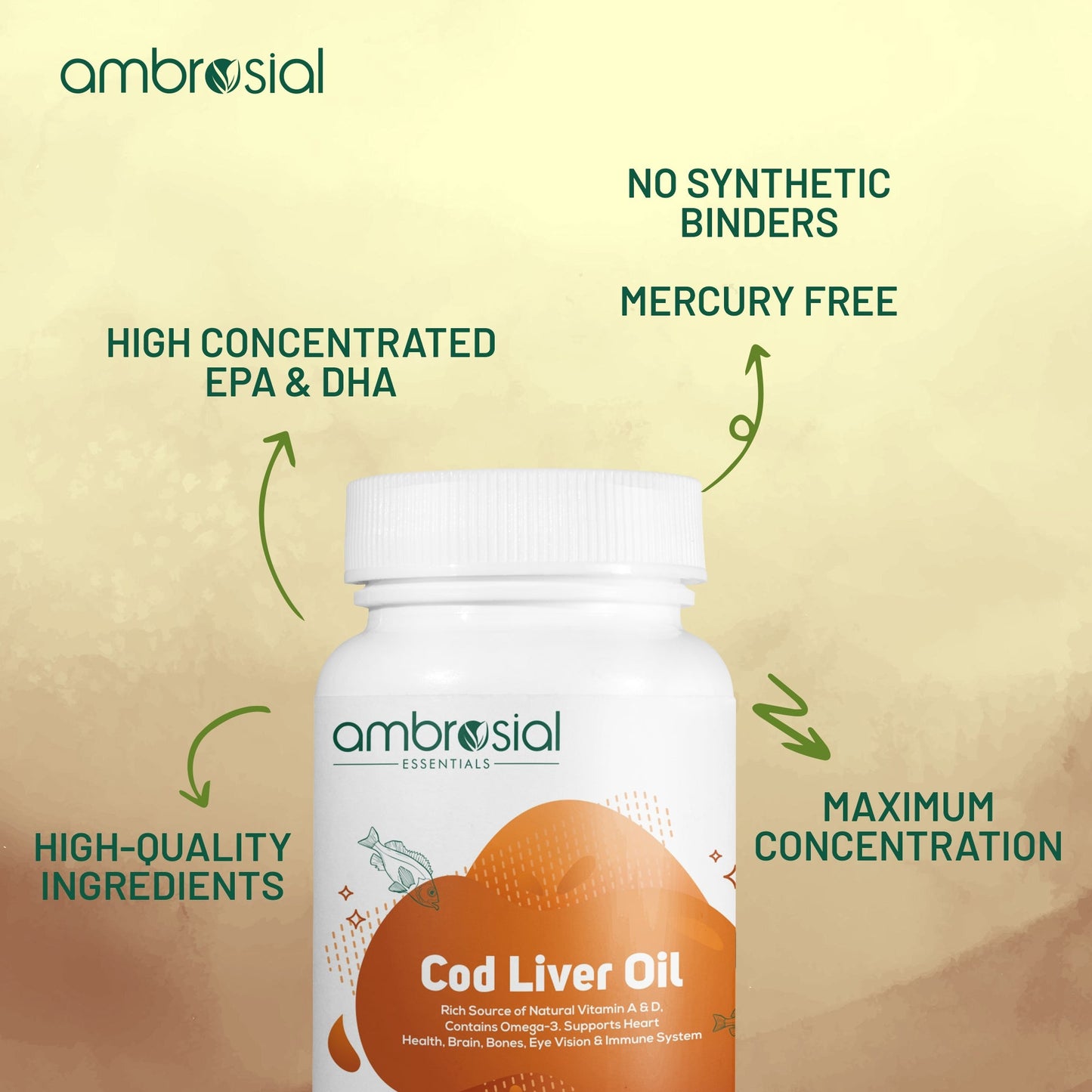 Ambrosial Cod Liver Oil 300mg – A Dزيت كبد سمك القد 300 مجم أوميغا 3 فيتامين