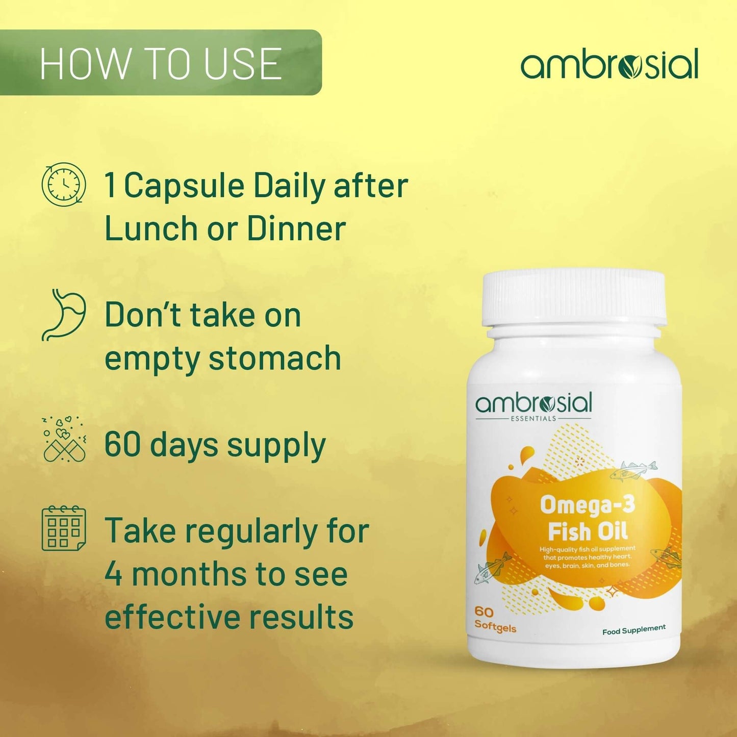 Ambrosial Omega-3 Fish Oil 1000mg – أوميغا 3 دعم القلب والدماغ | 60 كبسولة