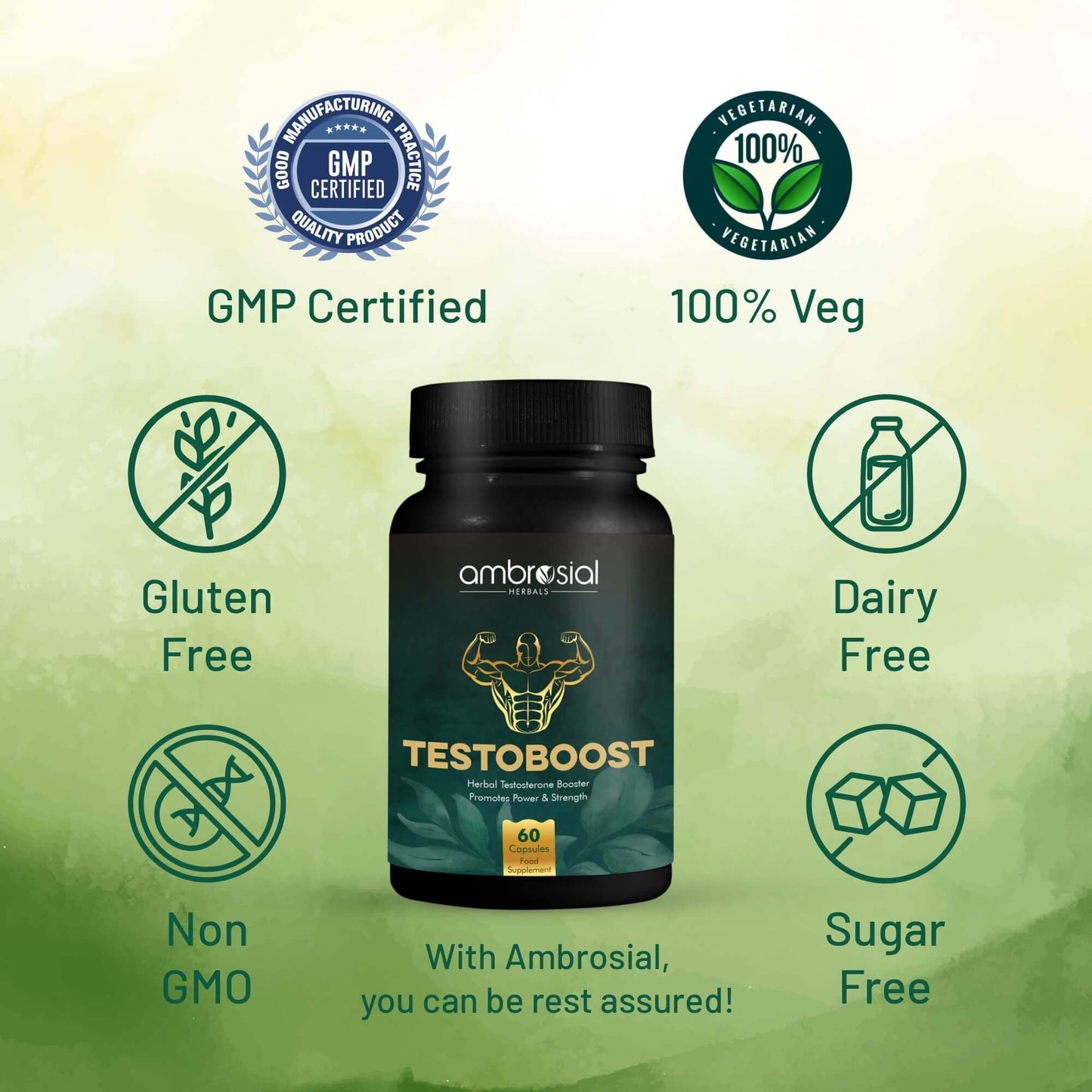 أمبروسيال تيستوبوست - معزز التستوستيرون العشبي | يعزز الطاقة والقوة | 60 كبسولة