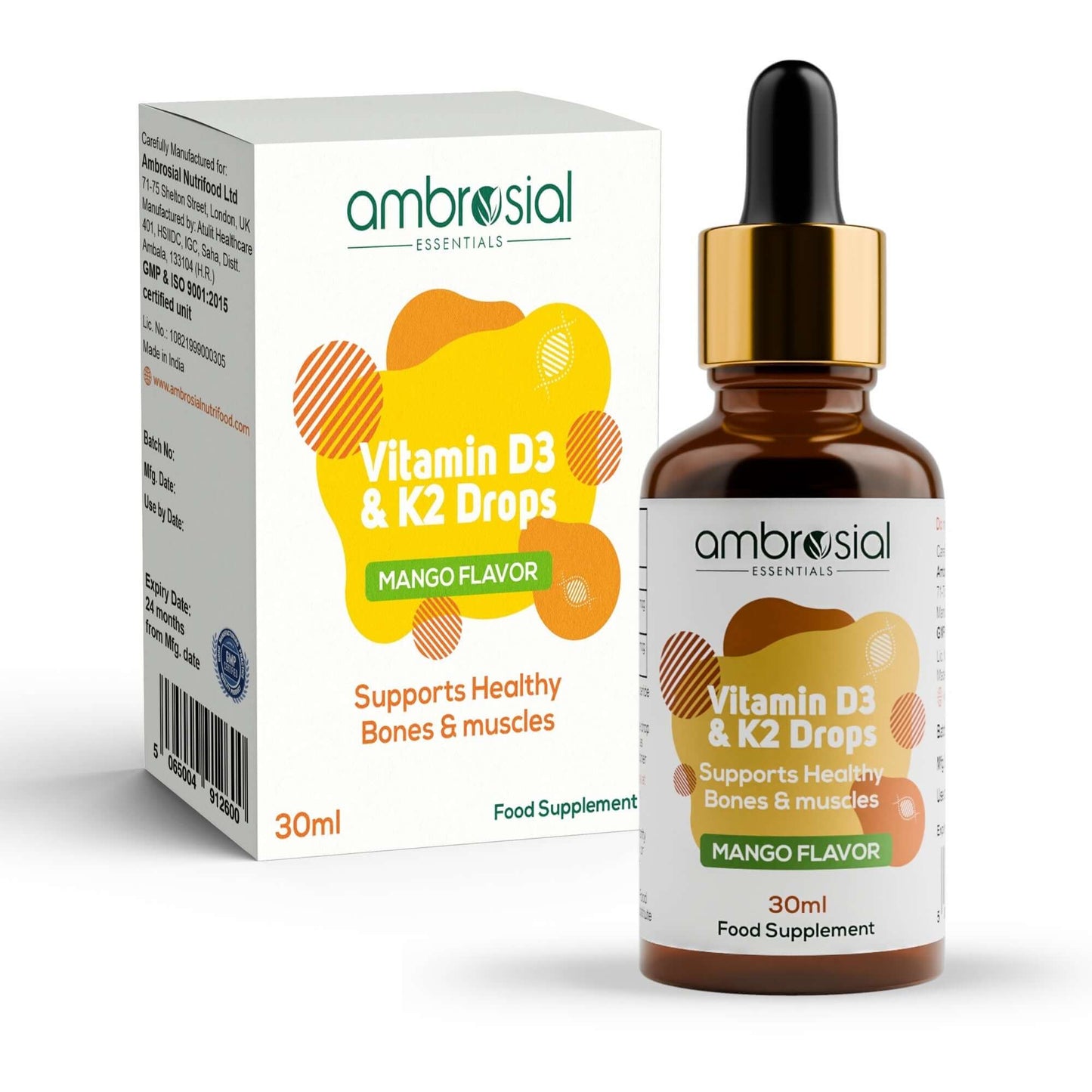 قطرات أمبروسيال D3 و K2 - 500 وحدة دولية من فيتامين D3 و 50 ميكروغرام من فيتامين K2 لكل قطرة - لتعزيز صحة العظام وامتصاص الكالسيوم