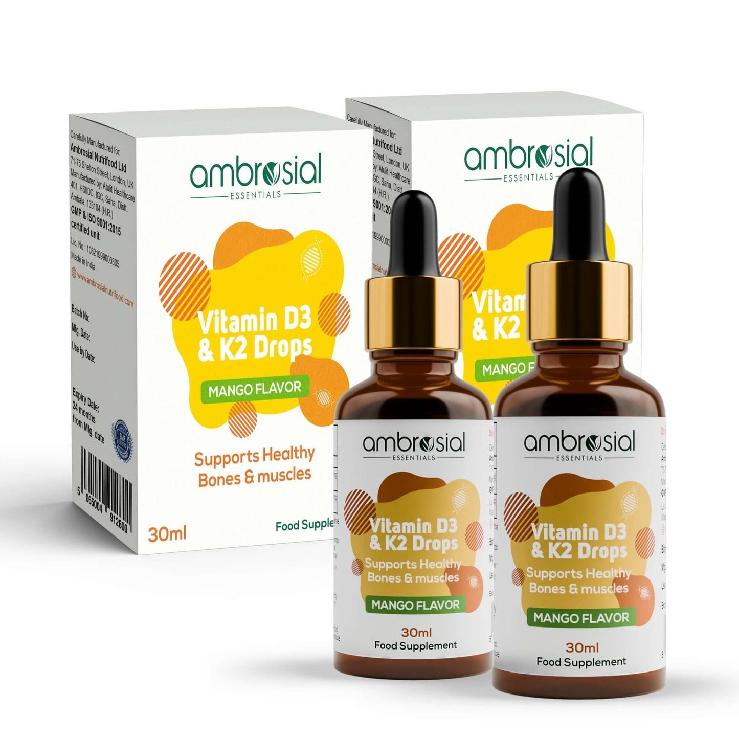 قطرات أمبروسيال D3 و K2 - 500 وحدة دولية من فيتامين D3 و 50 ميكروغرام من فيتامين K2 لكل قطرة - لتعزيز صحة العظام وامتصاص الكالسيوم