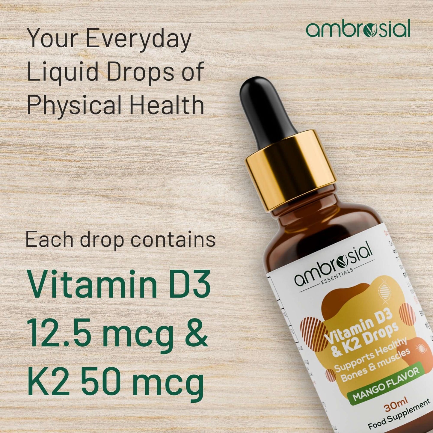 قطرات أمبروسيال D3 و K2 - 500 وحدة دولية من فيتامين D3 و 50 ميكروغرام من فيتامين K2 لكل قطرة - لتعزيز صحة العظام وامتصاص الكالسيوم