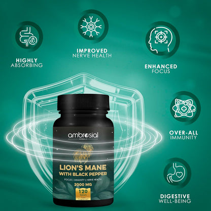 Ambrosial Lion’s Mane 500mg – بدة الأسد لدعم الدماغ والتركيز والوظائف الإدراكية