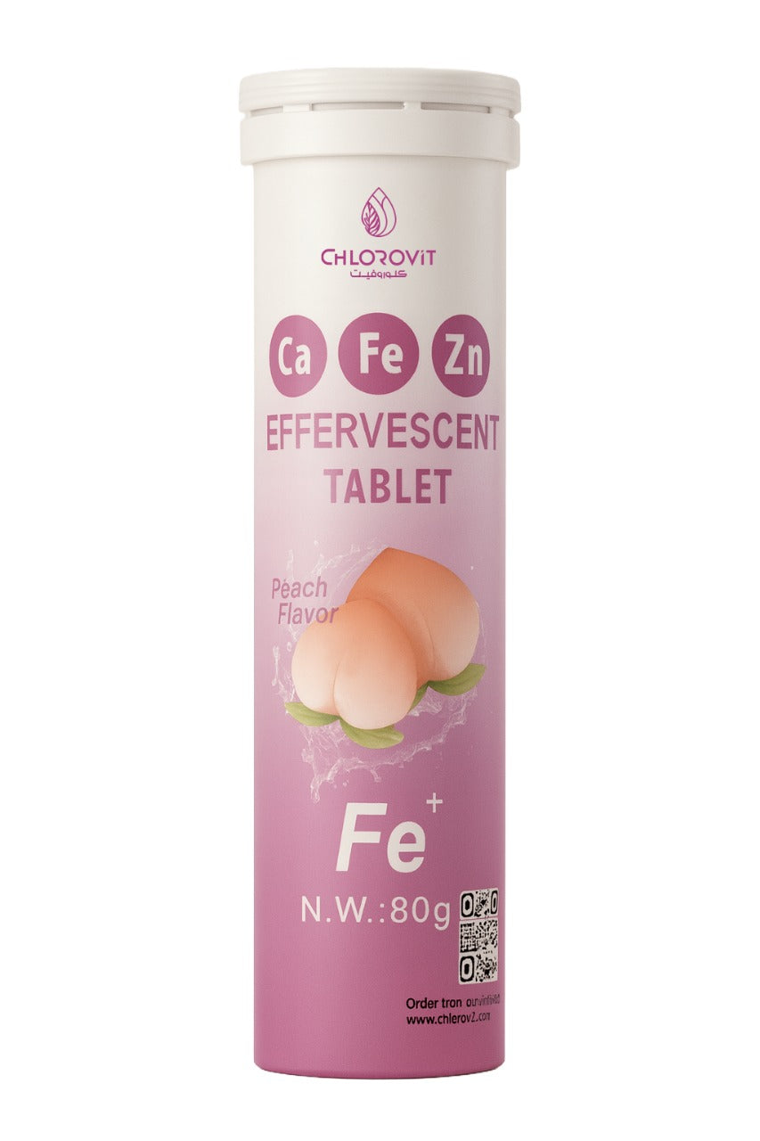Chlorovit Ca•Fe•Zn Effervescent Tablets – Peach Flavor كلوروفيت أقراص فوّارة بالكالسيوم والحديد والزنك – نكهة الخوخ