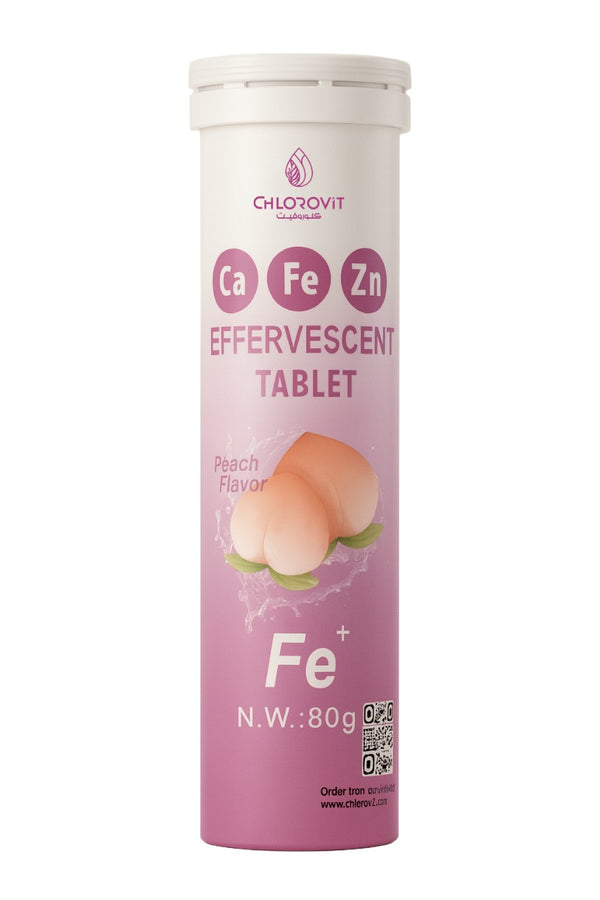 Chlorovit Ca•Fe•Zn Effervescent Tablets – Peach Flavor كلوروفيت أقراص فوّارة بالكالسيوم والحديد والزنك – نكهة الخوخ
