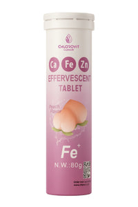 Chlorovit Ca•Fe•Zn Effervescent Tablets – Peach Flavor كلوروفيت أقراص فوّارة بالكالسيوم والحديد والزنك – نكهة الخوخ