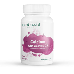 أمبروسيال مكمل الكالسيوم مع المغنيسيوم والزنك وفيتامين D3 – Ambrosial Calcium with Magnesium, Zinc & Vitamin D3 | يدعم صحة العظام والمفاصل والعضلات | 60 كبسولة هلامية