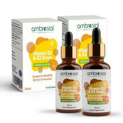 قطرات أمبروسيال D3 و K2 - 500 وحدة دولية من فيتامين D3 و 50 ميكروغرام من فيتامين K2 لكل قطرة - لتعزيز صحة العظام وامتصاص الكالسيوم
