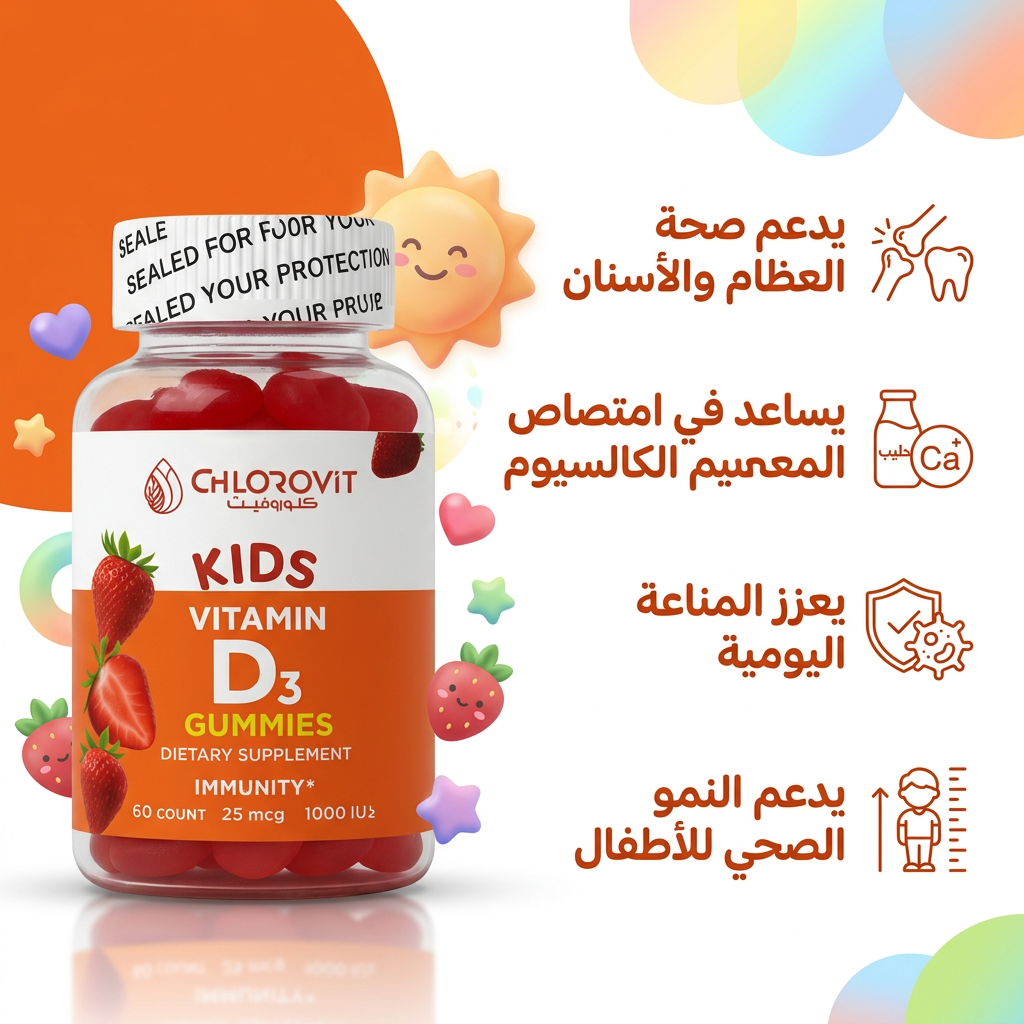 فيتامين D3 للأطفال (Kids Vitamin D3 Gummies) – دعم العظام والمناعة | 60 حبة