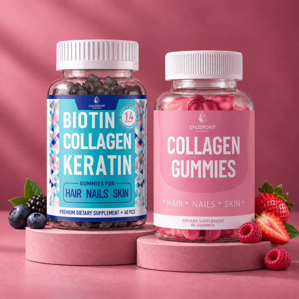 باقة الشعر والبشرة والأظافر من كلوروفيت تجمع Biotin Collagen Keratin Gummies وCollagen Gummies في روتين جمال يومي سهل ومتكامل.